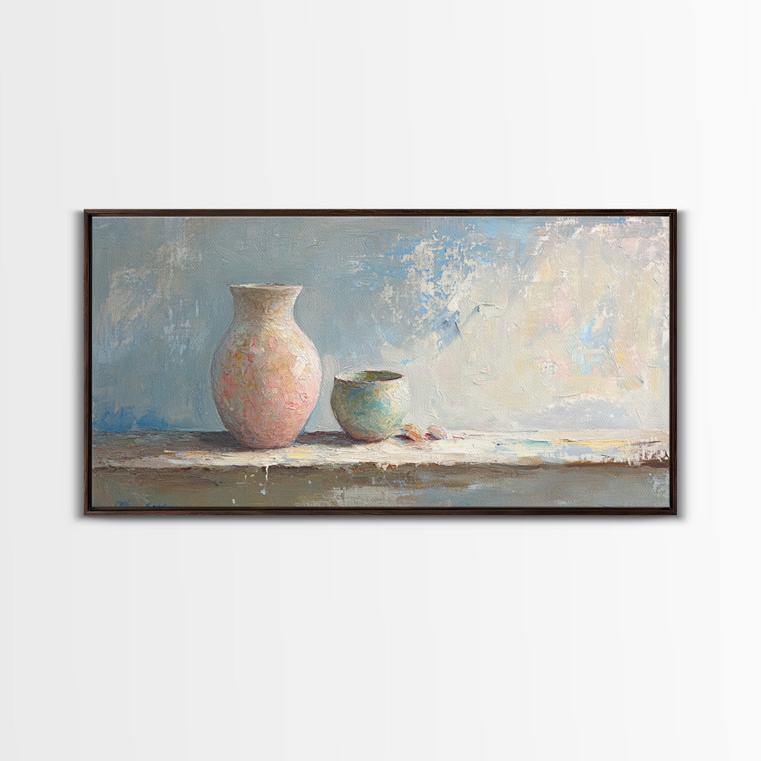 Pastel Ceramic Vase And Small Pot Wall Art, Minimalist Still Life, Neutral Home Decor, Modern Farmhouse Art, Living Room Decor