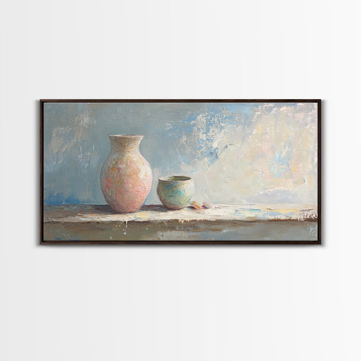Pastel Ceramic Vase And Small Pot Wall Art, Minimalist Still Life, Neutral Home Decor, Modern Farmhouse Art, Living Room Decor