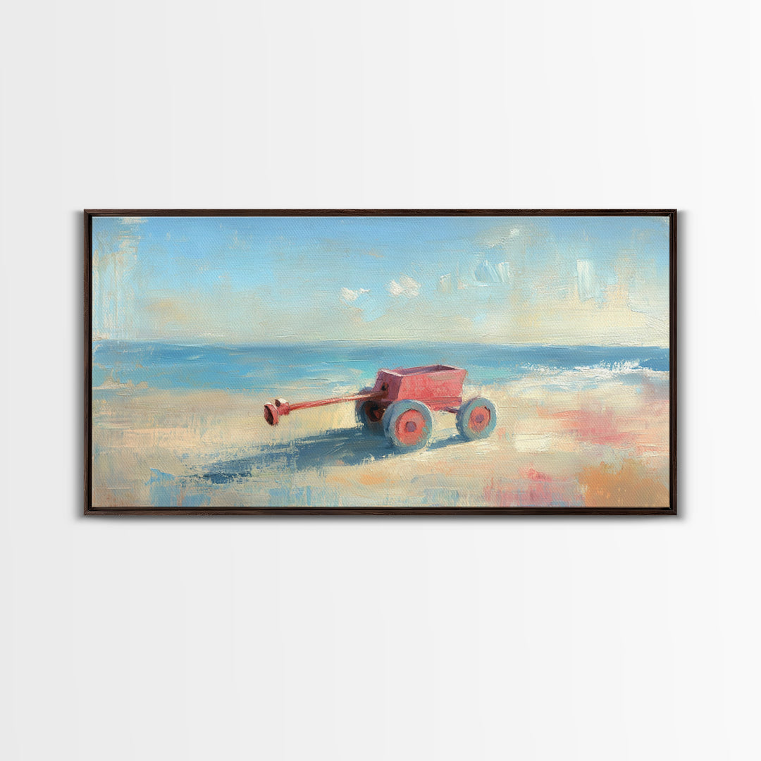 Red Toy Wagon On Sandy Beach Canvas Print, Coastal Nursery Wall Art, Whimsical Ocean Decor, Summer Kids Room Decor Print