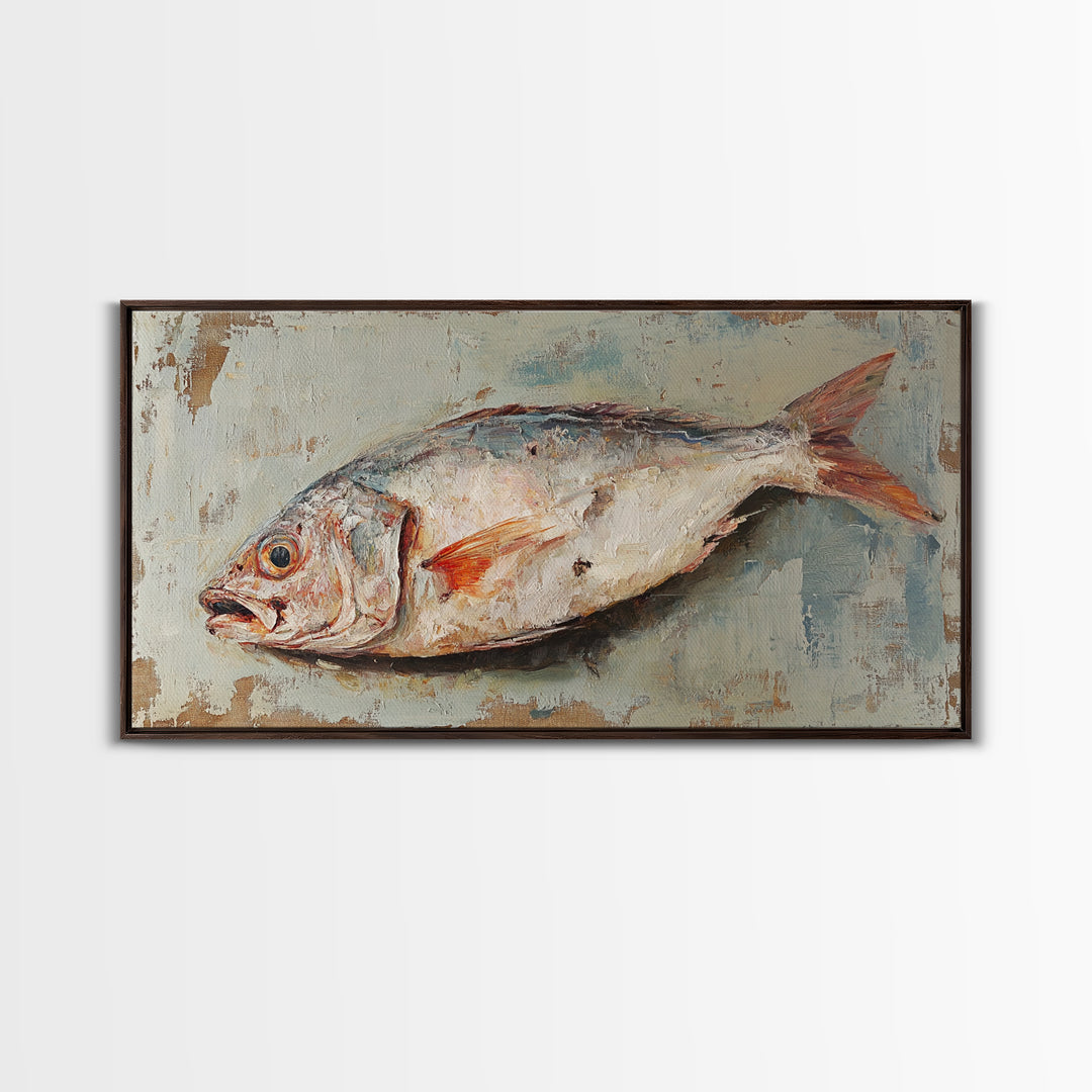 Rustic Whole Fish Oil Painting Wall Art, Coastal Kitchen Decor, Seafood Still Life, Nautical Dining Room Canvas Art Print