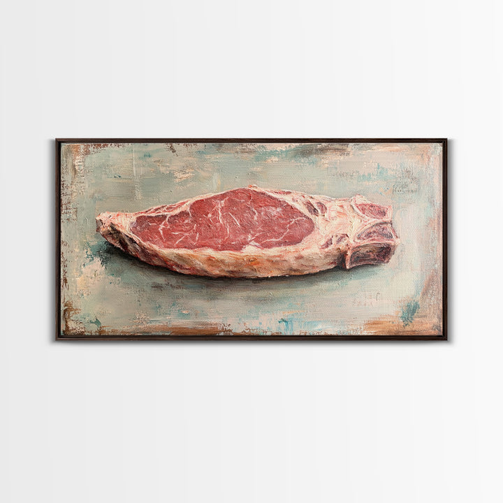 Raw Steak Oil Painting Canvas Print, Butcher Shop Kitchen Wall Art, Rustic Food Decor, Dining Room Art For Chefs, Restaurant Decor