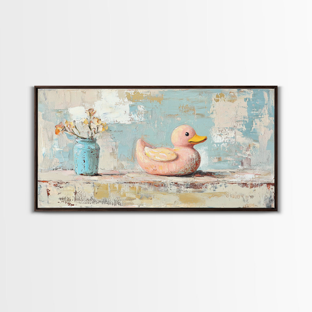 Whimsical Pink Duck With Flowers Canvas Print, Cute Bathroom Wall Art, Nursery Decor, Playroom Art, Gift For Her, Kids Room Decor