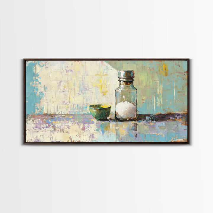 Sunlit Salt Bottle And Green Bowl Canvas Print, Minimalist Kitchen Wall Art, Coastal Neutral Decor, Modern Home Decor Gift
