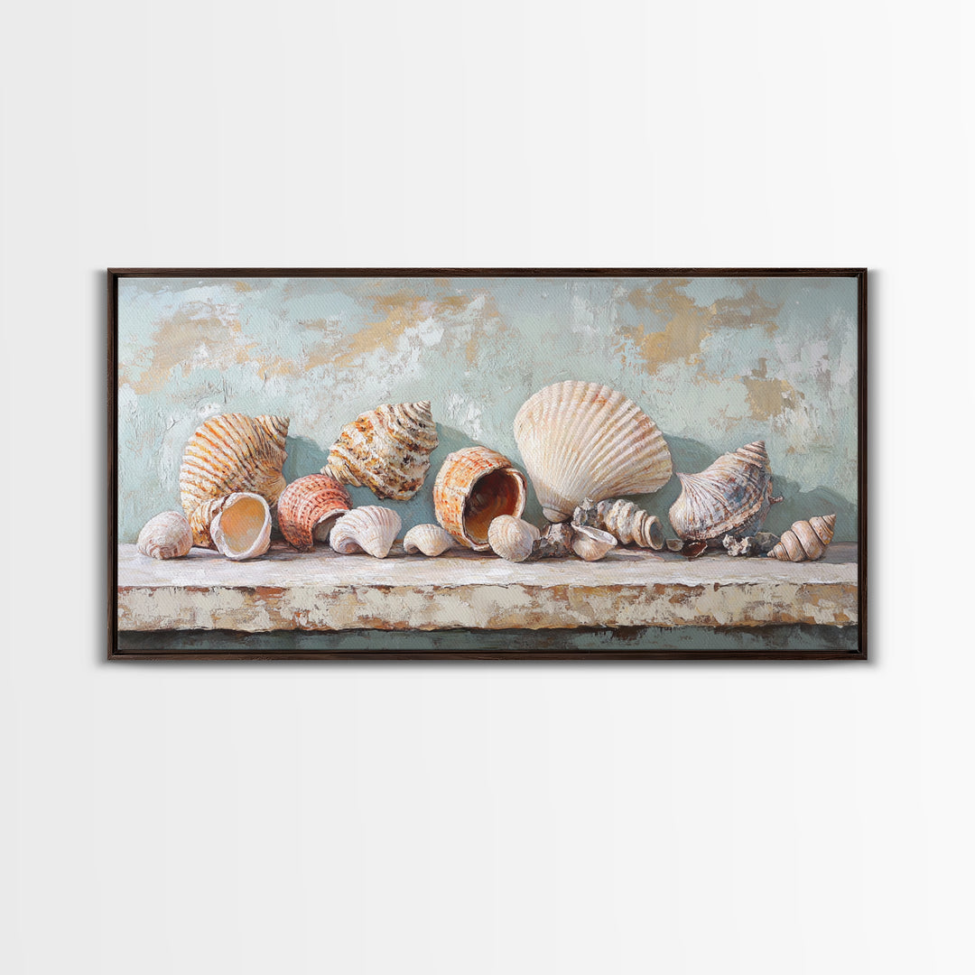 Neutral Seashell Still Life Framed Canvas Print, Coastal Wall Art, Beach House Decor, Ocean Wall Decor, Large Art Print Gift