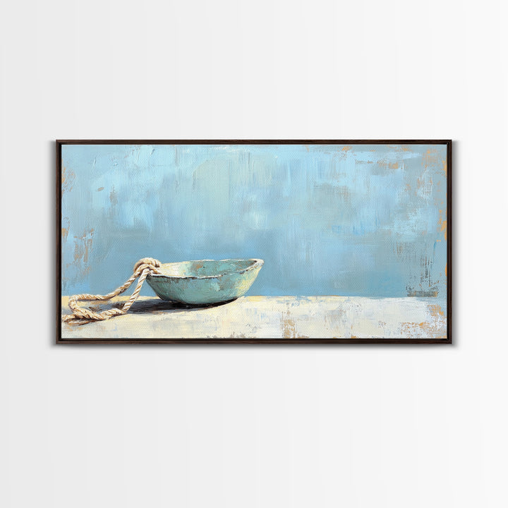 Weathered Blue Bowl With Rope Nautical Wall Art, Coastal Home Decor, Beach House Canvas Print, Minimalist Ocean Wall Decor