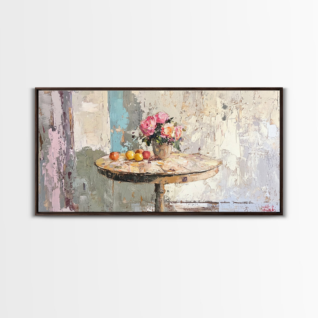 Round Cafe Table With Roses And Fruit Wall Art, French Country Kitchen Decor, Floral Still Life Canvas Print, Housewarming Gift