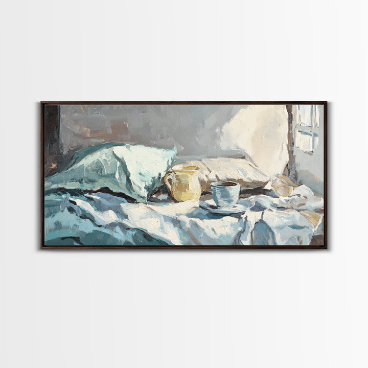 Morning Coffee In Bed With Blue Linens Wall Art, Cozy Bedroom Canvas Print, Guest Room Decor, Above Bed Art Gift For Her