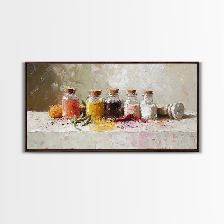 Kitchen Spice Bottles With Chili And Herbs Wall Art, Rustic Canvas Print, Foodie Kitchen Decor, Dining Room Art Gift For Chef