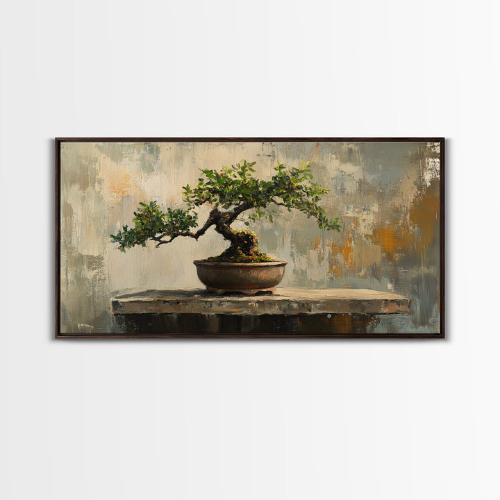 Textured Bonsai Tree In Rustic Pot Framed Canvas Print, Japandi Zen Home Decor, Nature Wall Art, Office Decor Housewarming Gift