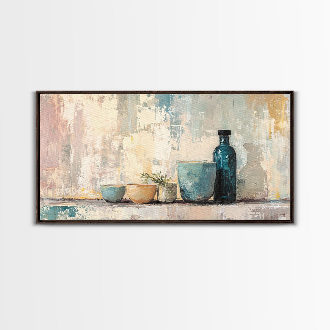 Blue Glass Bottle And Ceramic Bowls Wall Art, Minimalist Kitchen Decor, Neutral Still Life Art Print, Modern Home Decor Gift
