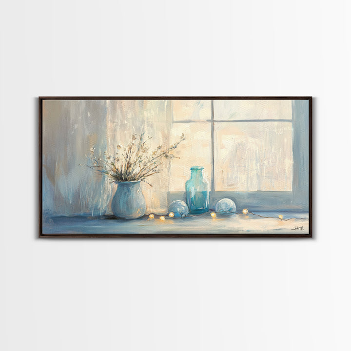 Soft Blue Window Still Life With Vase Canvas Print, Calming Wall Art, Cozy Bedroom Decor, Neutral Home Decor Gift For Her