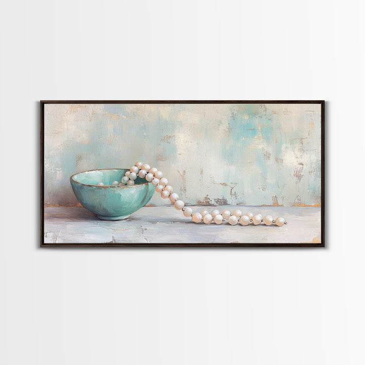 Turquoise Bowl With Pearl Strand Wall Art, Feminine Still Life Art Print, Coastal Bathroom Decor, Elegant Home Decor Gift