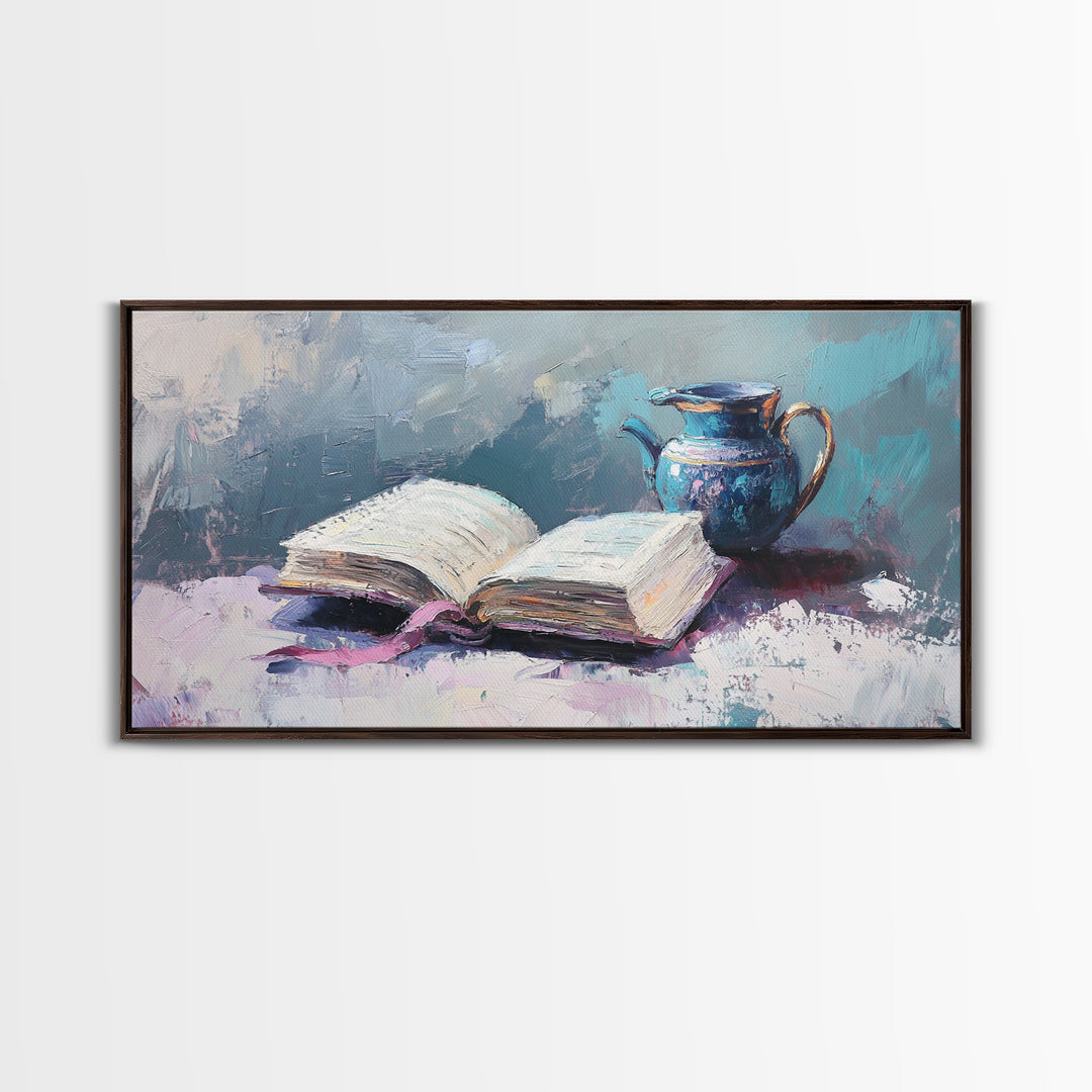 Open Book And Blue Pitcher Wall Art, Cozy Library Home Decor, Reading Nook Art Print, Book Lover Framed Canvas Print Gift