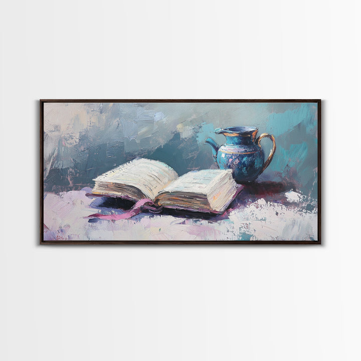 Open Book And Blue Pitcher Wall Art, Cozy Library Home Decor, Reading Nook Art Print, Book Lover Framed Canvas Print Gift