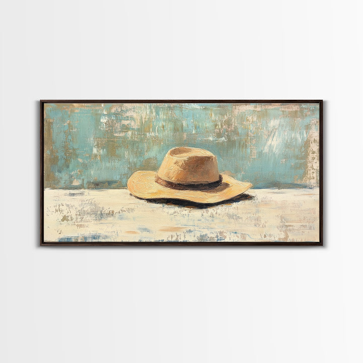 Rustic Straw Cowboy Hat Wall Art, Western Home Decor, Farmhouse Country Art Print, Masculine Framed Canvas Print Gift For Him