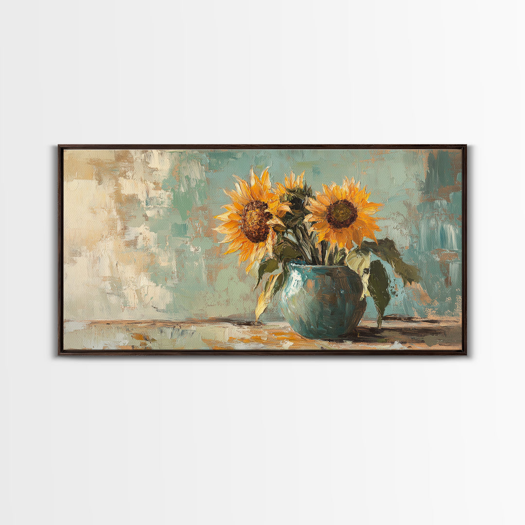 Sunflowers In Turquoise Pitcher Wall Art, Rustic Floral Decor, Country Kitchen Art Print, Farmhouse Framed Canvas Print Gift