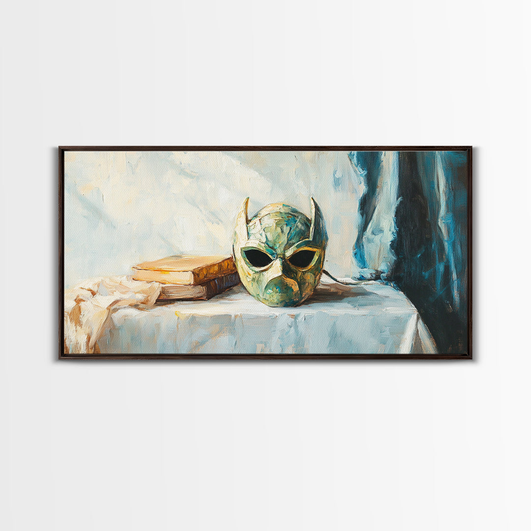 Green Masquerade Mask And Books Wall Art, Gothic Library Decor, Fantasy Dark Academia Art Print, Framed Canvas Print Gift