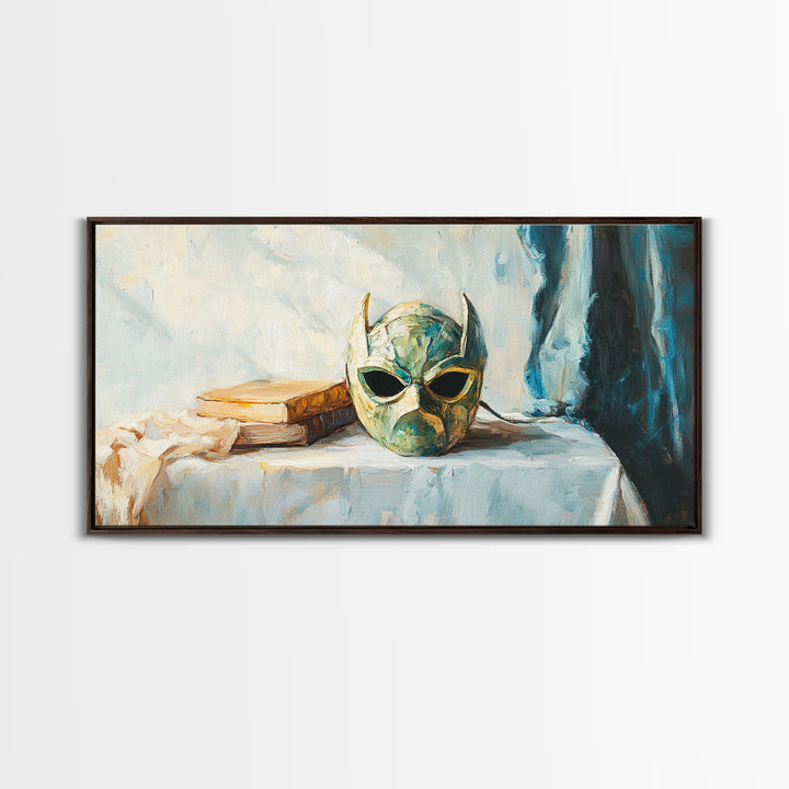 Green Masquerade Mask And Books Wall Art, Gothic Library Decor, Fantasy Dark Academia Art Print, Framed Canvas Print Gift