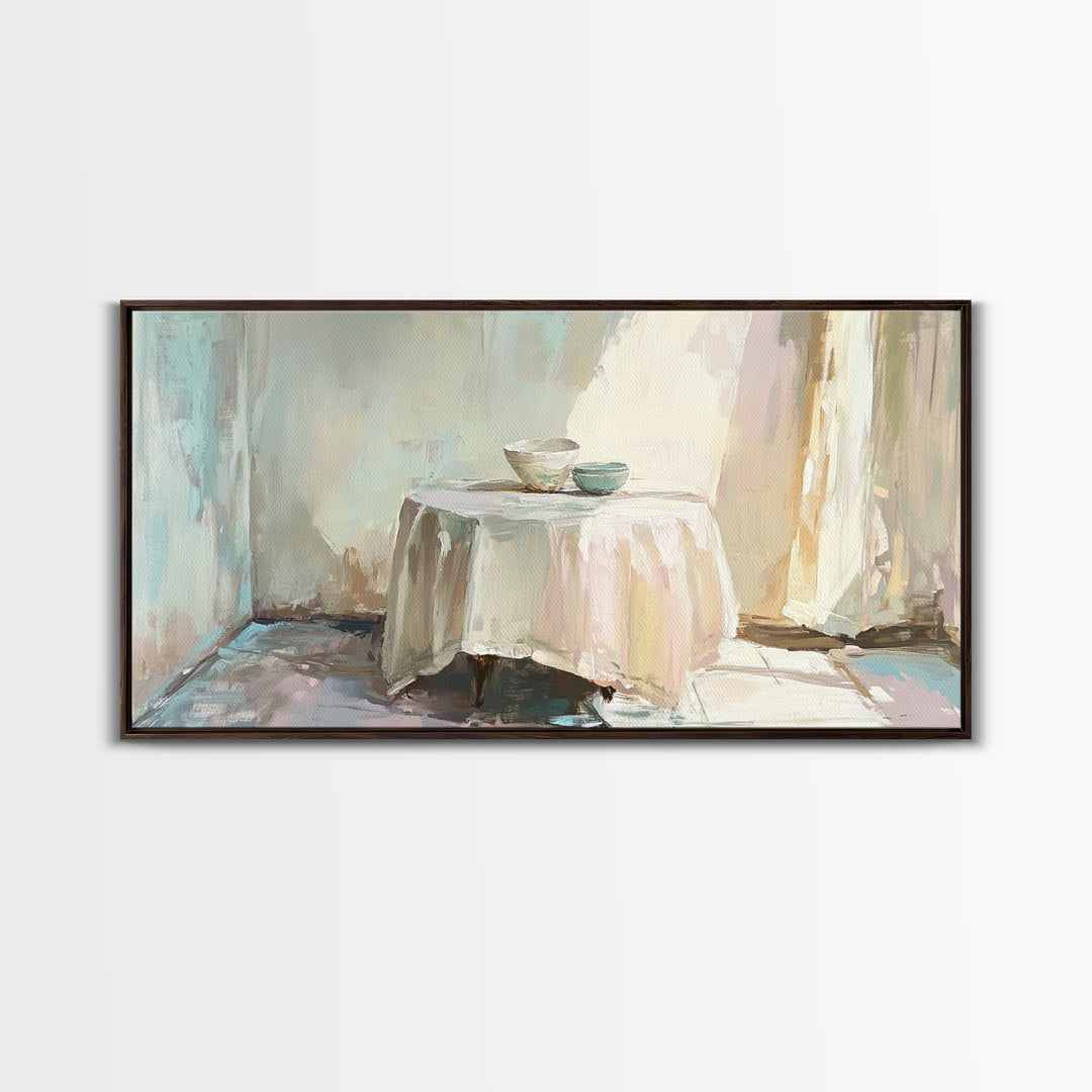 Sunlit Table With Teacups Wall Art, Minimalist Neutral Decor, Cozy Dining Room Art Print, Japandi Framed Canvas Print Gift