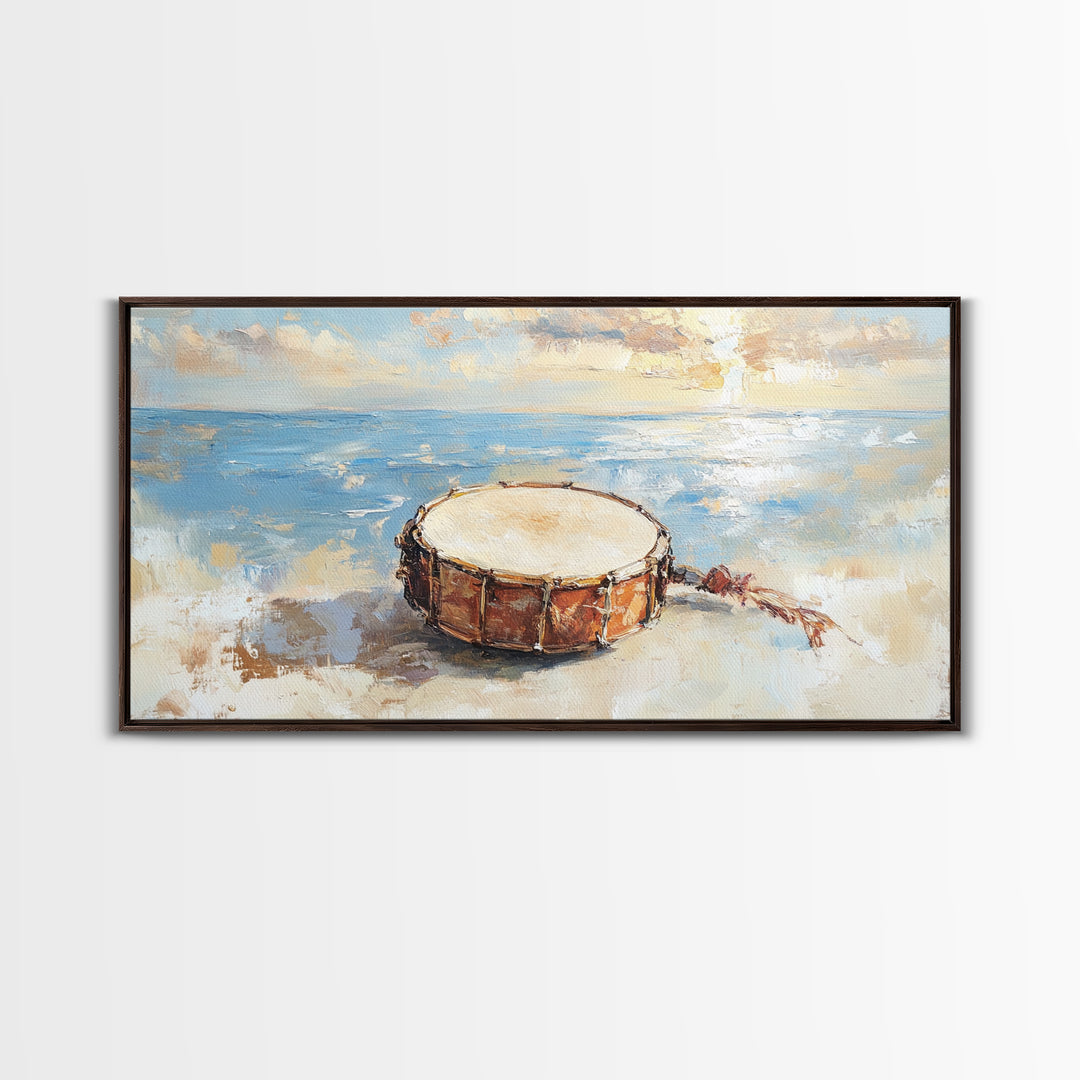 Weathered Beach Drum At Sunrise, Coastal Seascape Framed Canvas Print, Ocean Wall Art, Nautical Decor, Beach House Decor Gift