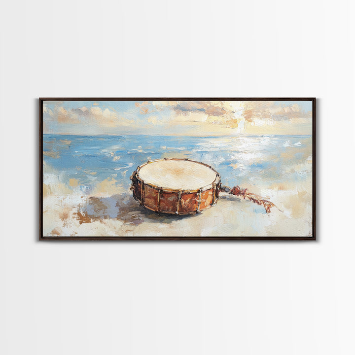 Weathered Beach Drum At Sunrise, Coastal Seascape Framed Canvas Print, Ocean Wall Art, Nautical Decor, Beach House Decor Gift