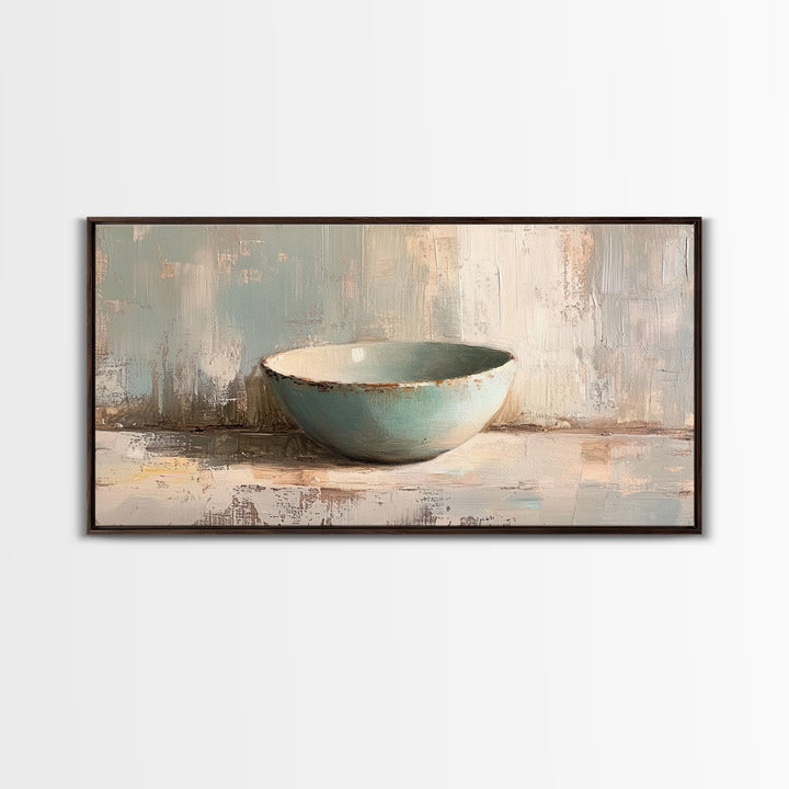Turquoise Ceramic Bowl Still Life, Minimalist Framed Canvas Print, Neutral Wall Art, Wabi Sabi Decor, Modern Kitchen Art