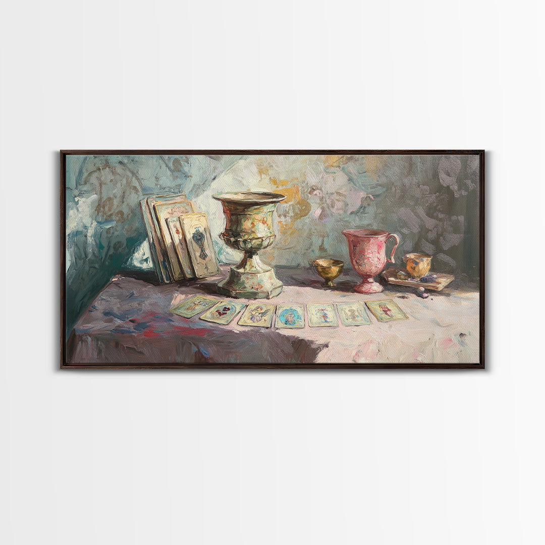 Tarot Cards And Antique Goblets, Mystical Still Life Canvas Print, Witchy Wall Art, Dark Academia Decor, Unique Spiritual Gift