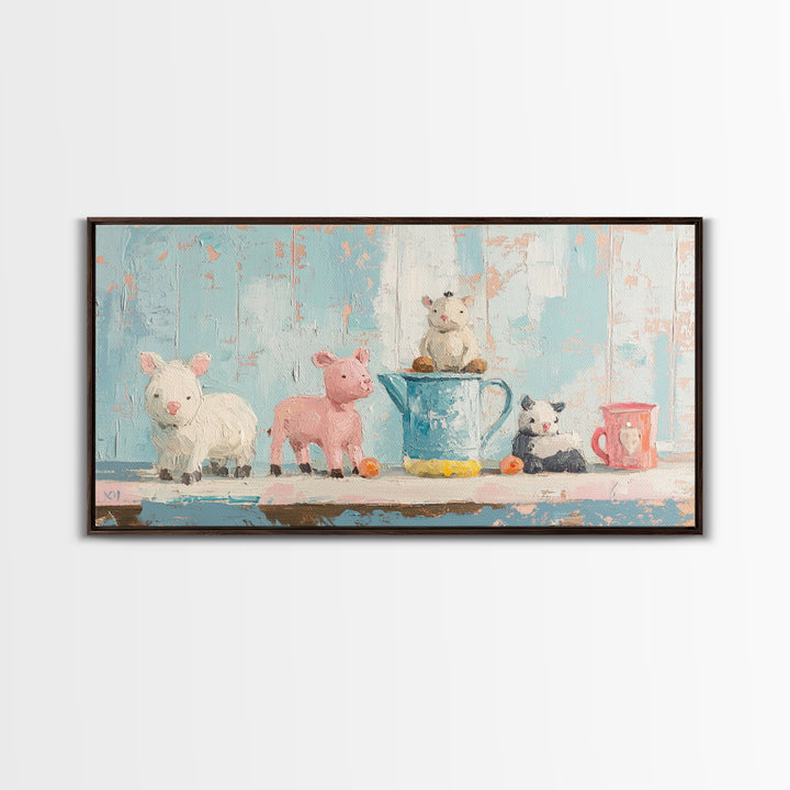 Sweet Farm Animal Toys On Shelf Wall Art, Whimsical Nursery Canvas Print, Kids Room Decor, Baby Animal Art, Gift, Playroom Decor