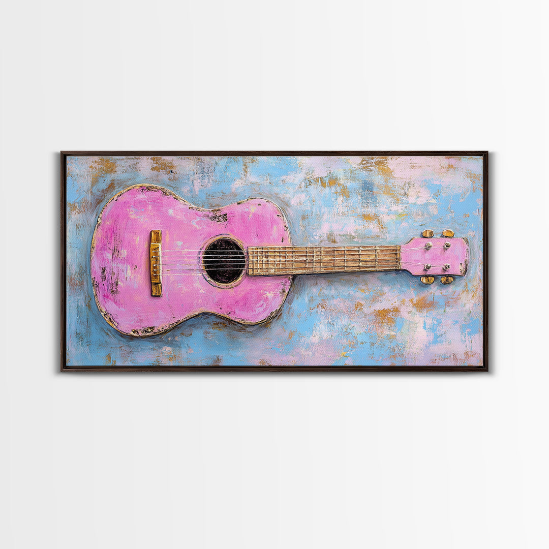 Pink Acoustic Guitar Painting Canvas Print, Music Studio Wall Art, Retro Music Room Decor, Gift For Guitar Lover And Home Decor