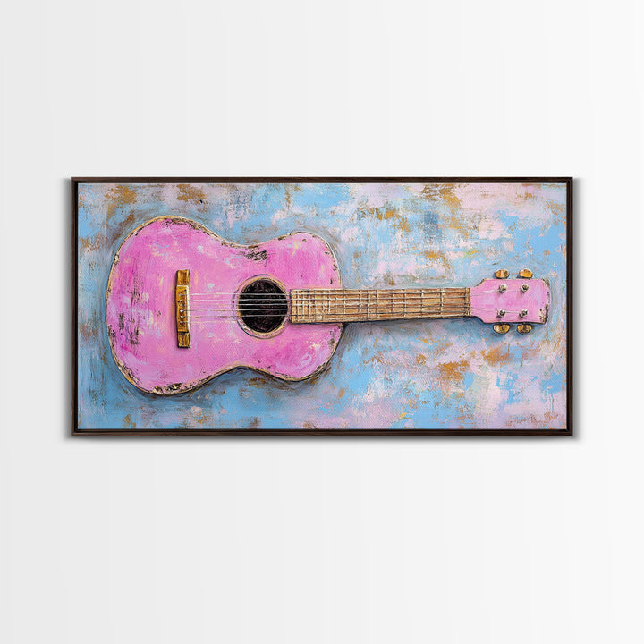 Pink Acoustic Guitar Painting Canvas Print, Music Studio Wall Art, Retro Music Room Decor, Gift For Guitar Lover And Home Decor