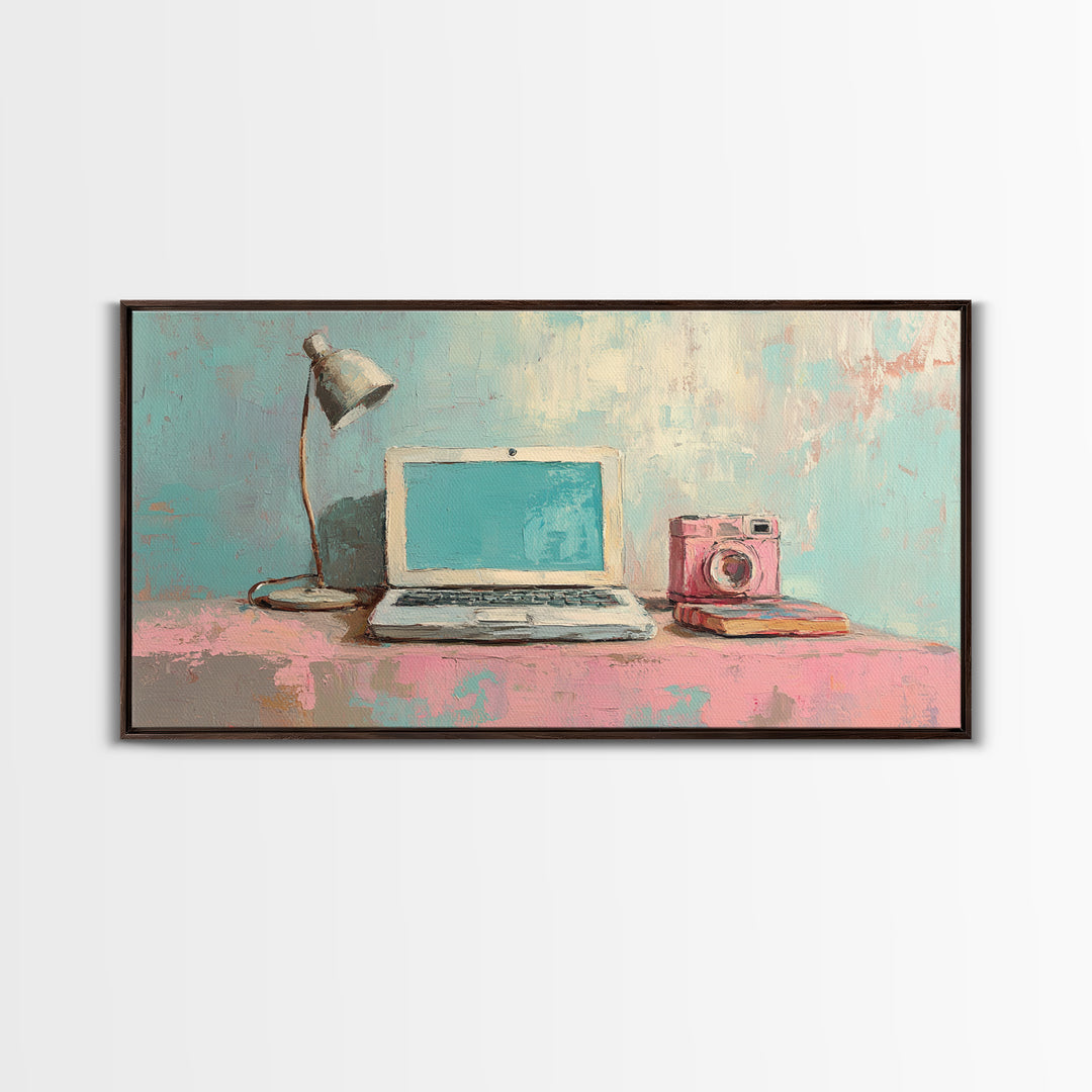 Pastel Laptop Lamp And Camera Desk Wall Art, Home Office Decor, Tech Lover Art Print, Modern Study Room Canvas Print For Apartment Decor