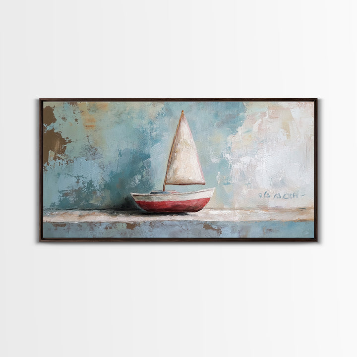 Red And White Sailboat Still Life Canvas Print, Nautical Wall Art, Coastal Home Decor, Beach House Gift And Ocean Nursery Decor