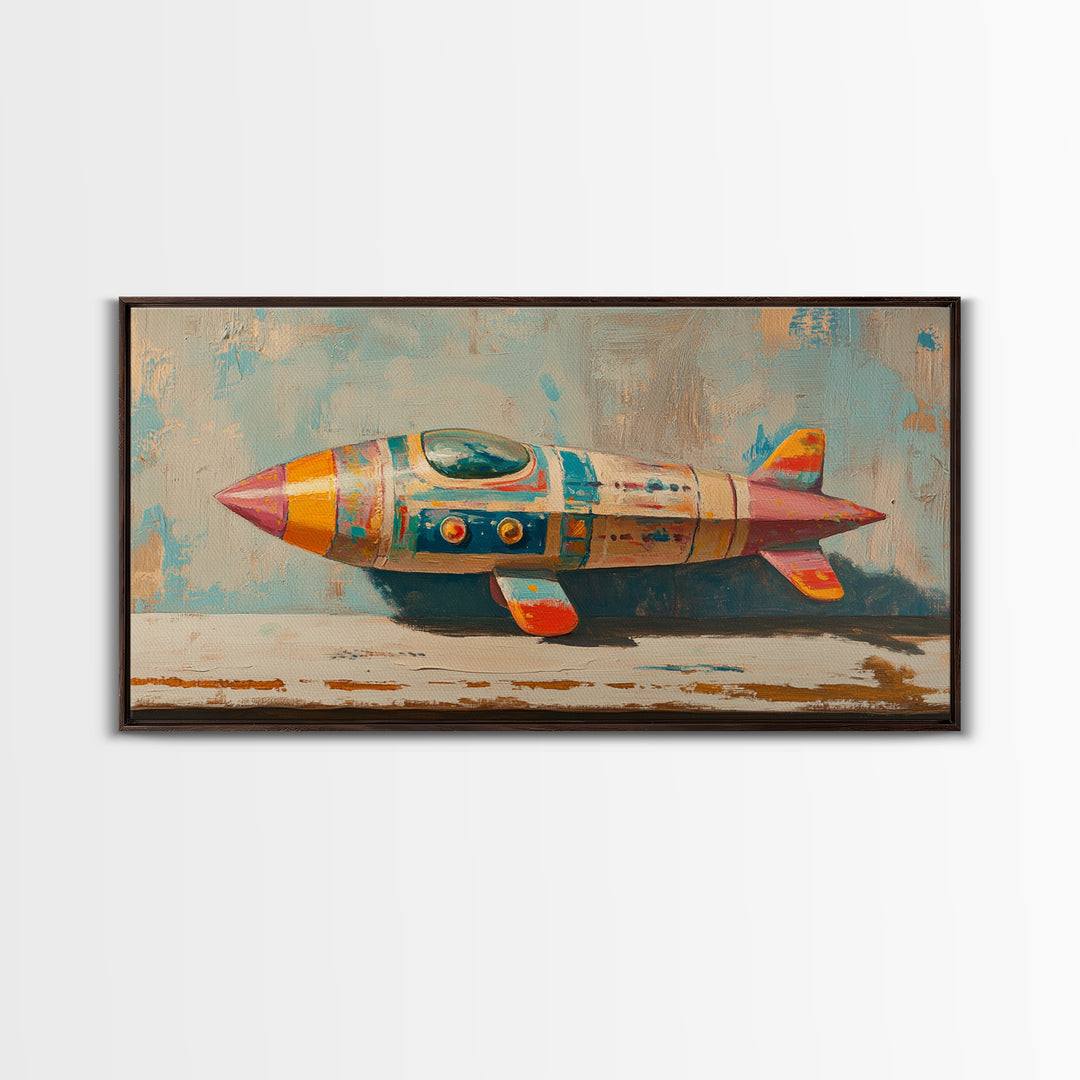 Retro Tin Toy Rocket Framed Canvas Print, Space Wall Art, Sci Fi Nursery Decor, Boys Room Art Gift For Space Lover Retro Space Decor