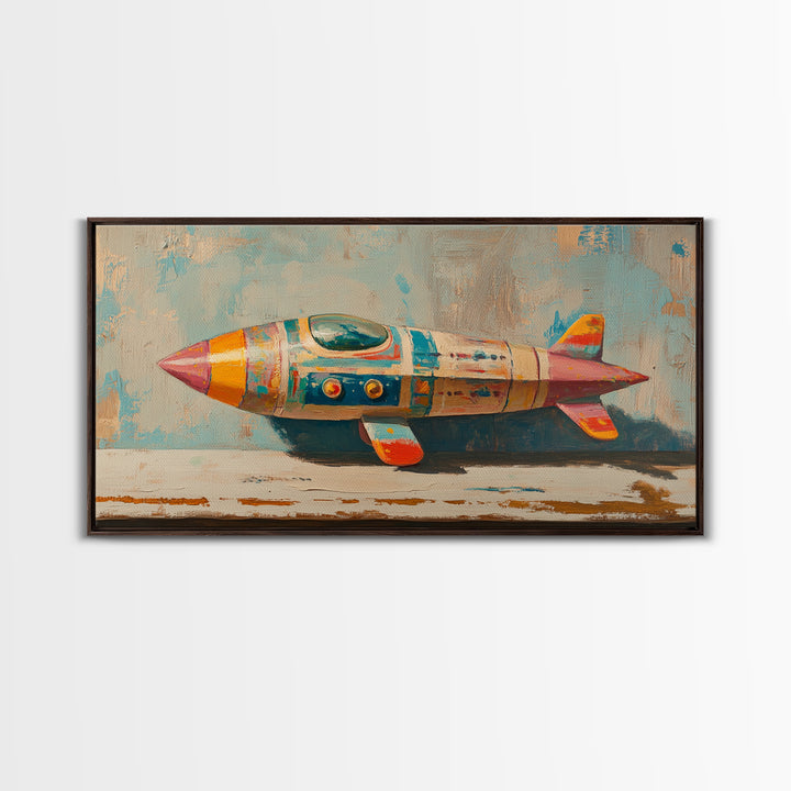 Retro Tin Toy Rocket Framed Canvas Print, Space Wall Art, Sci Fi Nursery Decor, Boys Room Art Gift For Space Lover Retro Space Decor