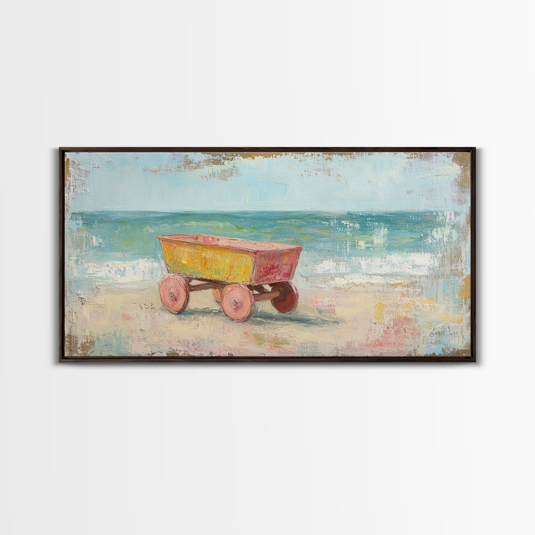 Yellow Beach Wagon Canvas Print, Coastal Wall Art, Beach House Decor, Ocean Wall Decor, Summer Nursery Art, Housewarming Gift