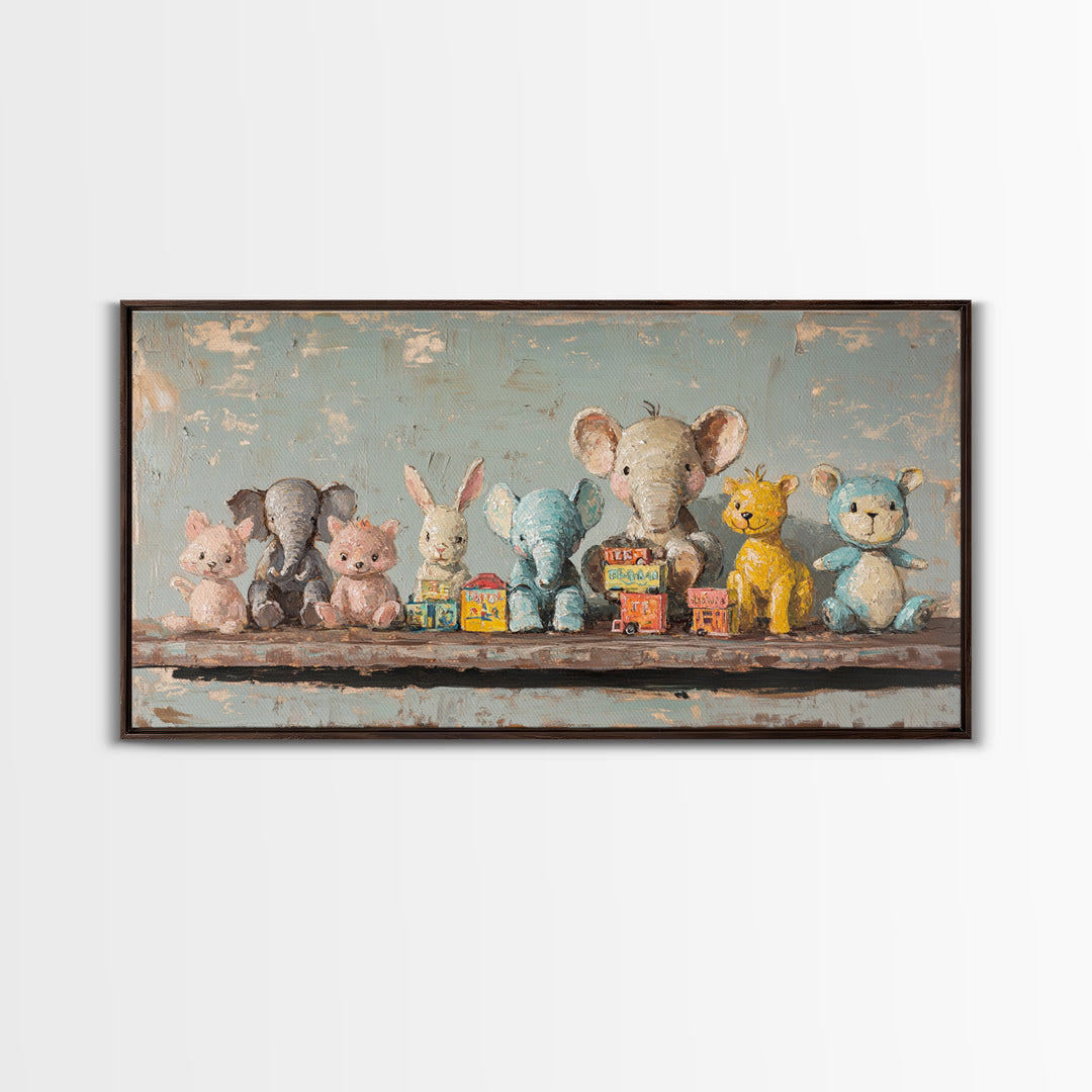 Stuffed Animal Shelf Framed Canvas Print, Nursery Wall Art, Kids Room Decor, Safari Animal Art, Whimsical Baby Shower Gift