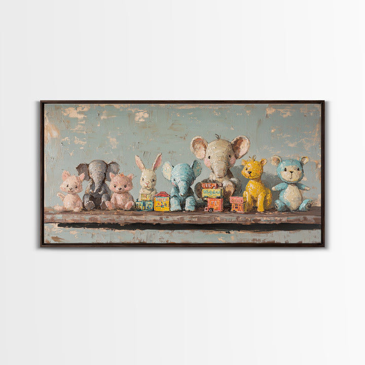 Stuffed Animal Shelf Framed Canvas Print, Nursery Wall Art, Kids Room Decor, Safari Animal Art, Whimsical Baby Shower Gift