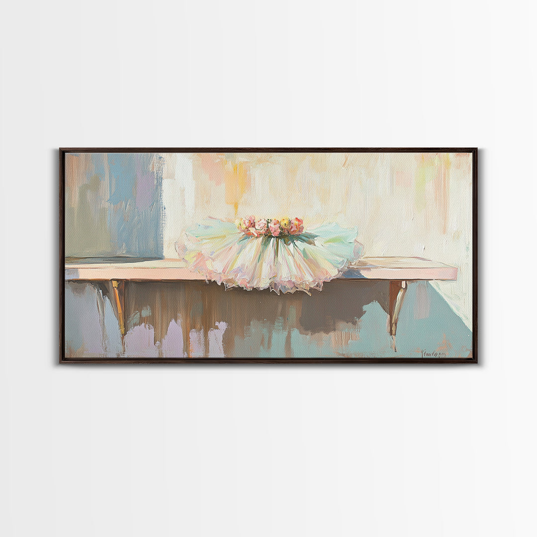 Pastel Ballet Tutu On Barre Wall Art, Girls Room Decor, Dance Studio Decor, Nursery Wall Art, Feminine Framed Canvas Print
