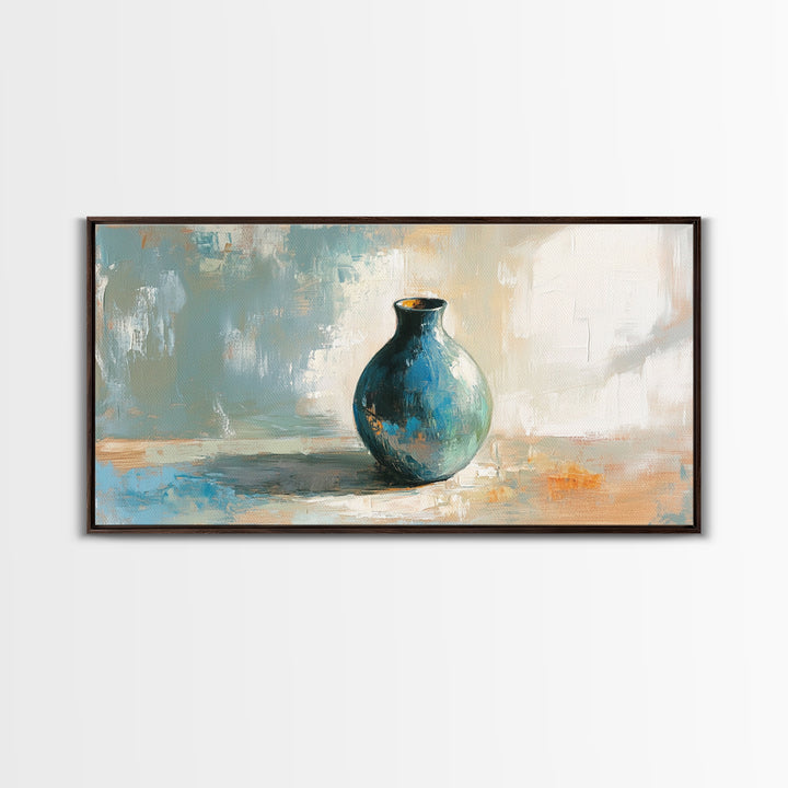Turquoise Ceramic Vase Still Life Framed Canvas Print, Neutral Wall Art, Modern Home Decor, Living Room Decor, Housewarming Gift