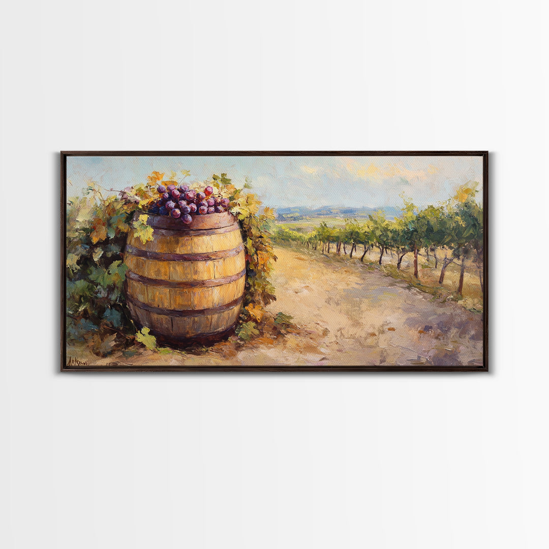Wine Barrel And Grapes Vineyard Landscape Canvas Print, Winery Wall Art, Rustic Kitchen Decor, French Country Decor, Gift For Wine Lover