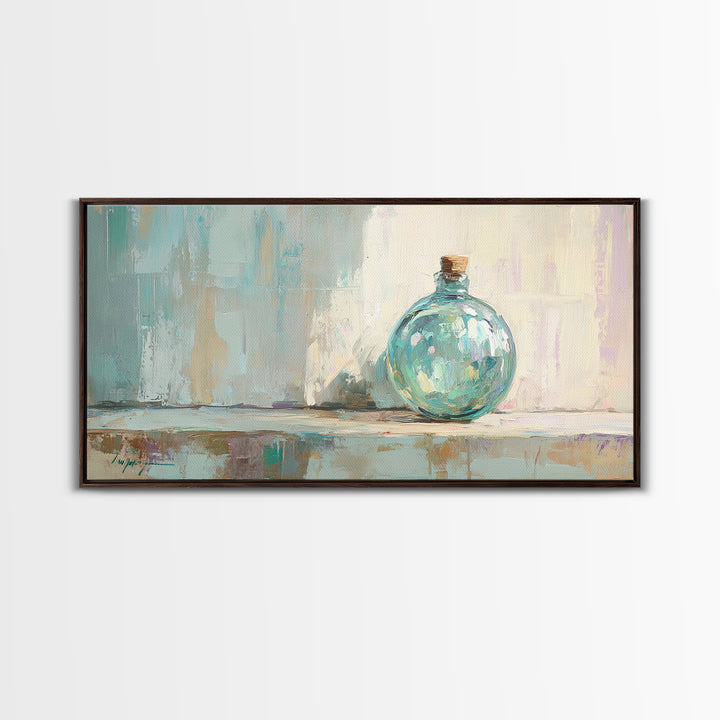 Aqua Glass Bottle Still Life Framed Canvas Print, Coastal Wall Art, Minimalist Decor, Modern Home Decor, Housewarming Gift