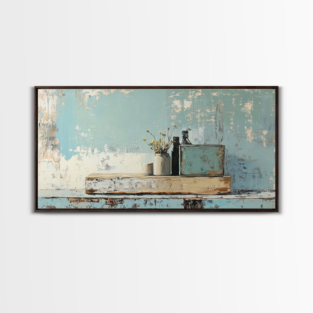 Rustic Blue Shelf Still Life Wall Art, Textured Coastal Farmhouse Kitchen Decor, Neutral Living Room Art Print, Housewarming Gift