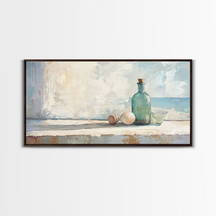 Sea Glass Bottle And Eggs Wall Art, Minimalist Coastal Kitchen Decor, Neutral Still Life Canvas Print, Beach House Decor Gift