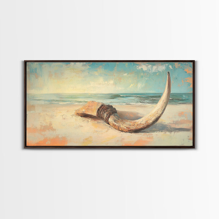 Weathered Horn On Sandy Shore Wall Art, Coastal Beach House Decor, Nautical Canvas Wall Art, Rustic Seascape Gift For Living Room Decor