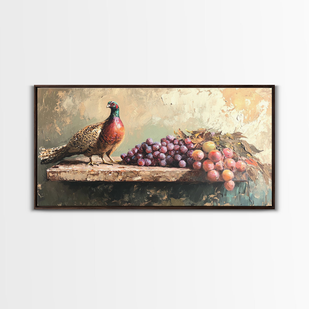 Pheasant And Purple Grapes Framed Canvas Print, Rustic Country Kitchen Wall Art, Winery Decor, Farmhouse Dining Room Still Life