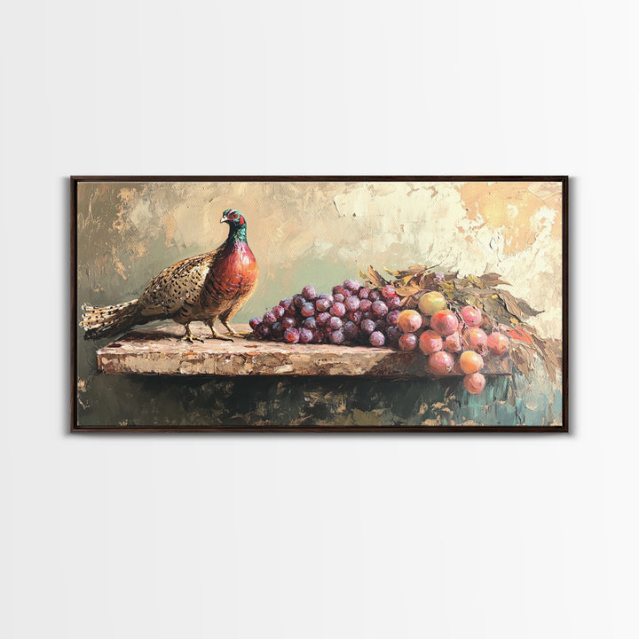 Pheasant And Purple Grapes Framed Canvas Print, Rustic Country Kitchen Wall Art, Winery Decor, Farmhouse Dining Room Still Life