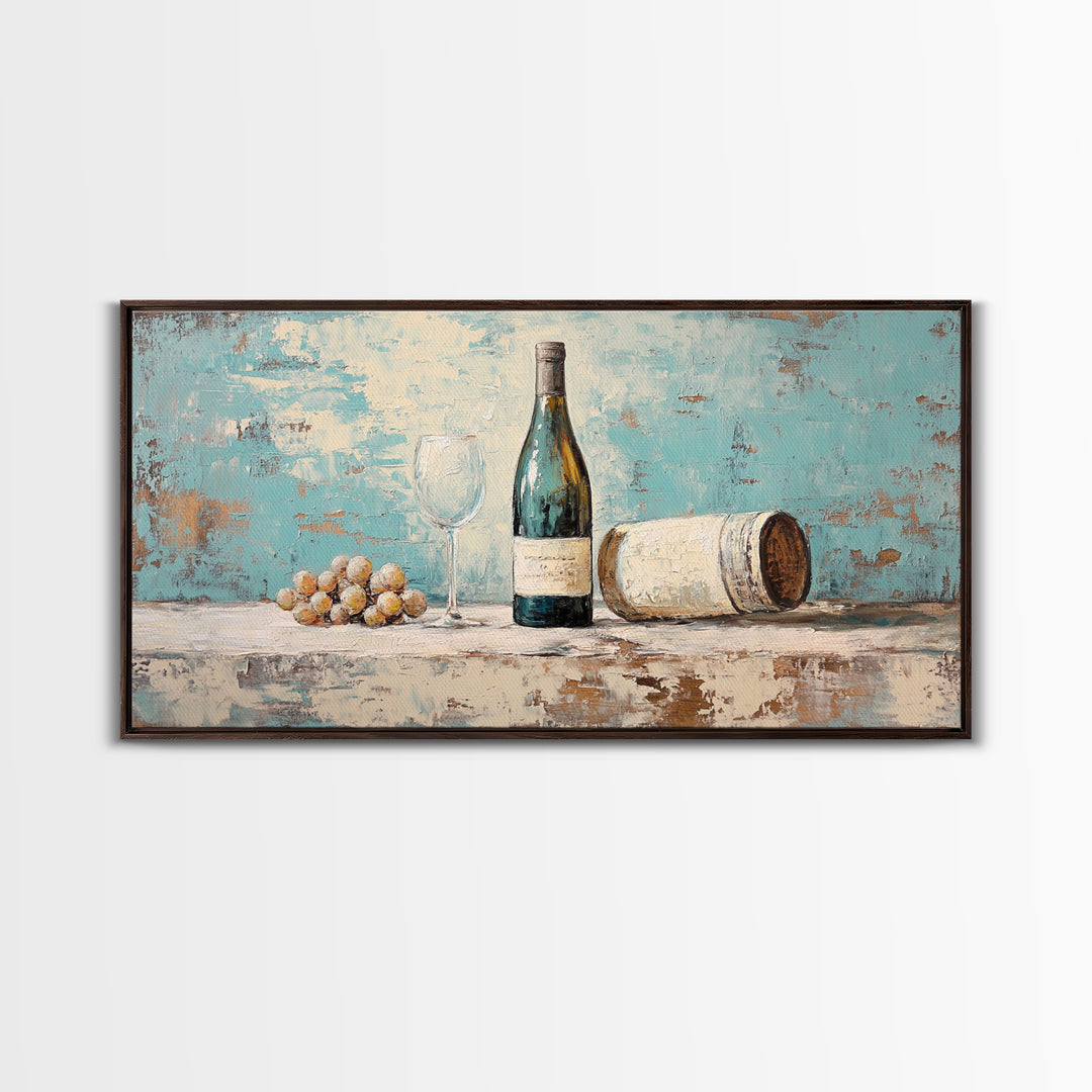 Wine Bottle With Glass And Grapes Canvas Print, Winery Kitchen Wall Art, Rustic Bar Cart Decor, Vineyard Housewarming Gift