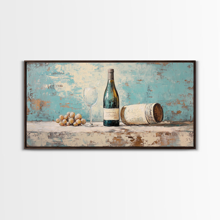 Wine Bottle With Glass And Grapes Canvas Print, Winery Kitchen Wall Art, Rustic Bar Cart Decor, Vineyard Housewarming Gift
