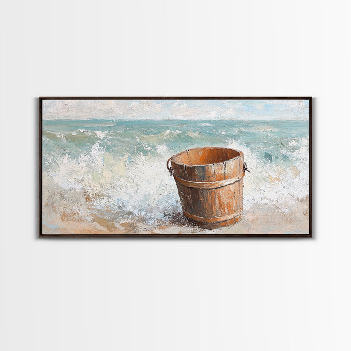Wooden Bucket By Ocean Waves Framed Canvas Print, Coastal Beach Wall Art, Nautical Bathroom Decor, Beach House Gift For Living Room