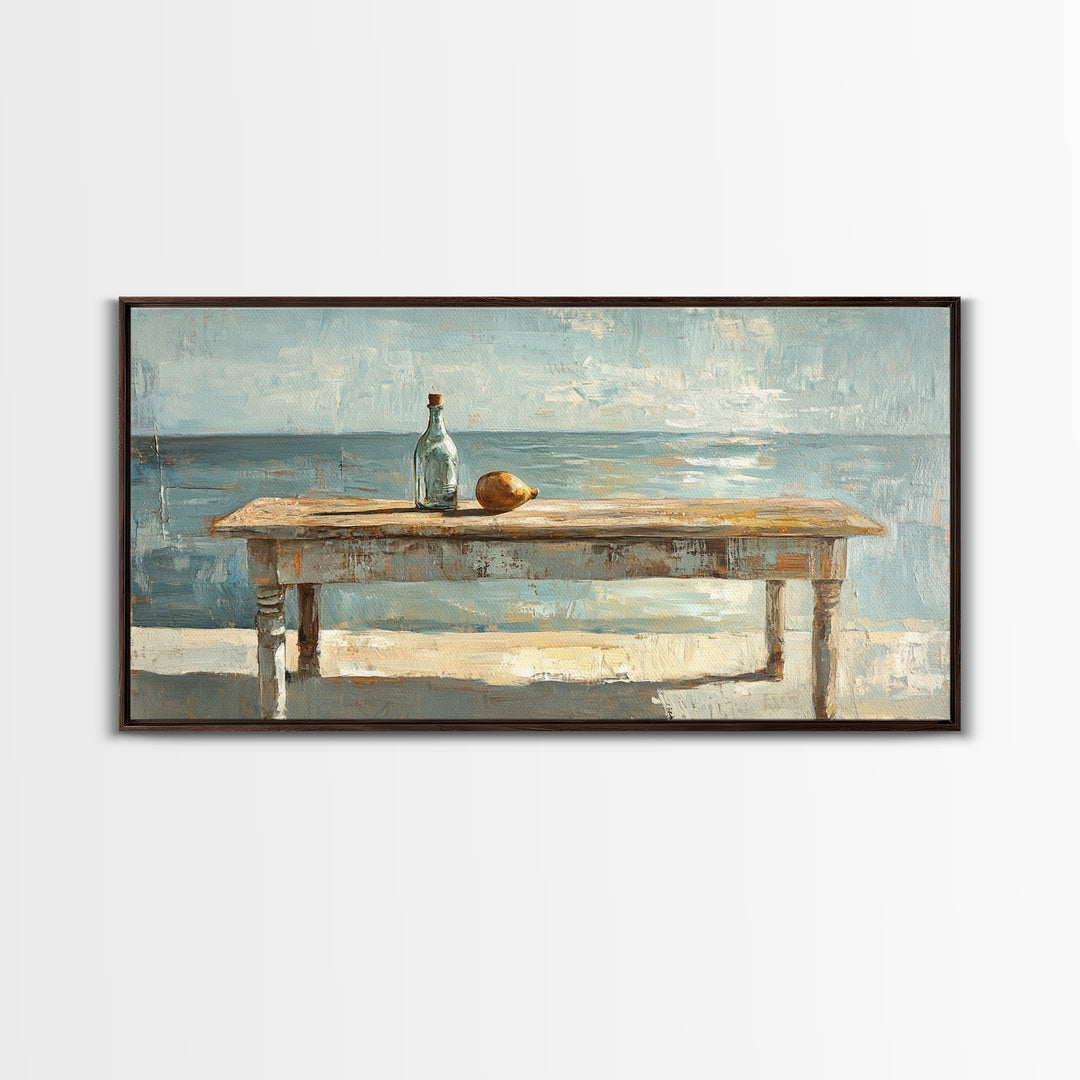 Weathered Seaside Table With Bottle Canvas Print, Coastal Wall Art, Beach House Decor, Ocean Painting, Nautical Living Room Decor